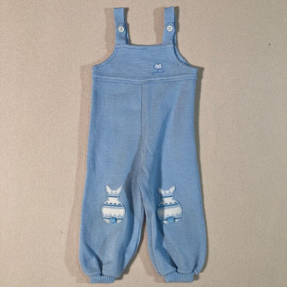 Vintage Friemanit Baby Overalls Sz 18M Light Blue Bunnies Knit Sweater Buttons